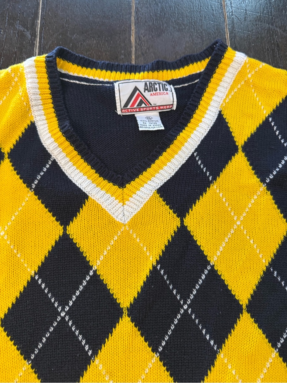 Vintage Arctic America Mens XL Argyle Sweater Vest Navy Gold Preppy Golf Korea